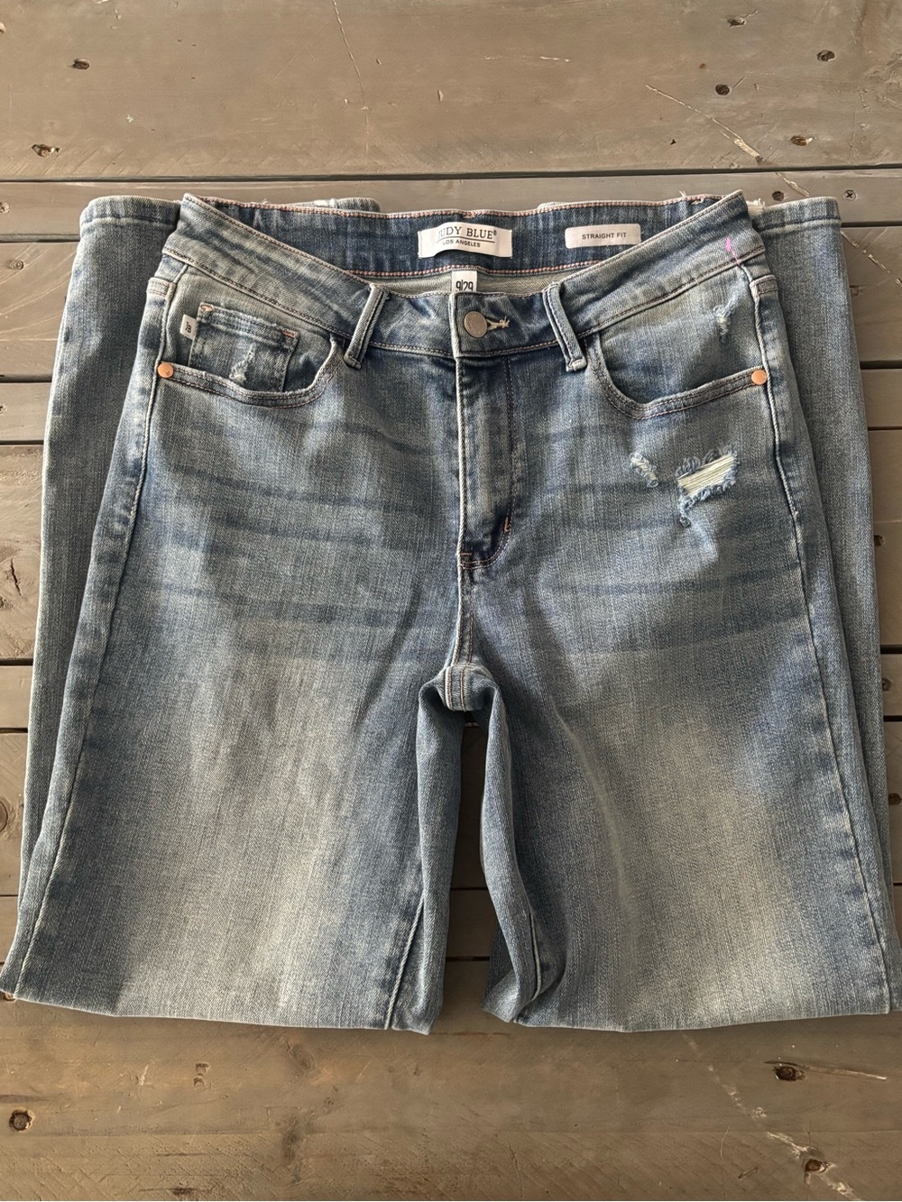 Judy Blue Mid Rise Destroy Straight Leg Jeans Medium Wash Distressed 9/29